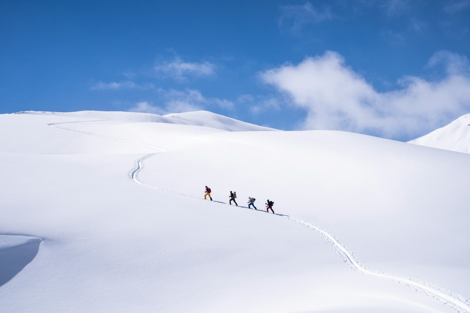 Four ski tourers skinning up rolling alpine terrain under blue sky
